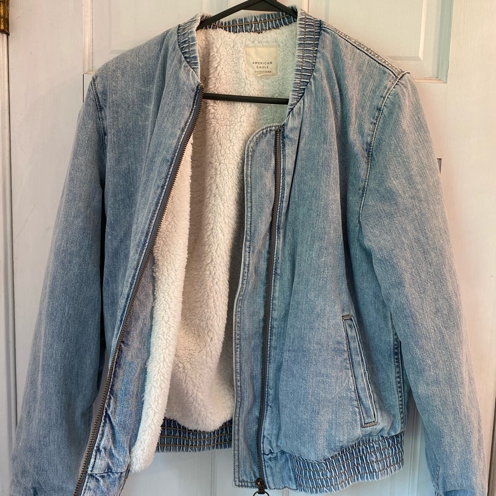 American Eagle fur lined denim bomber jacket